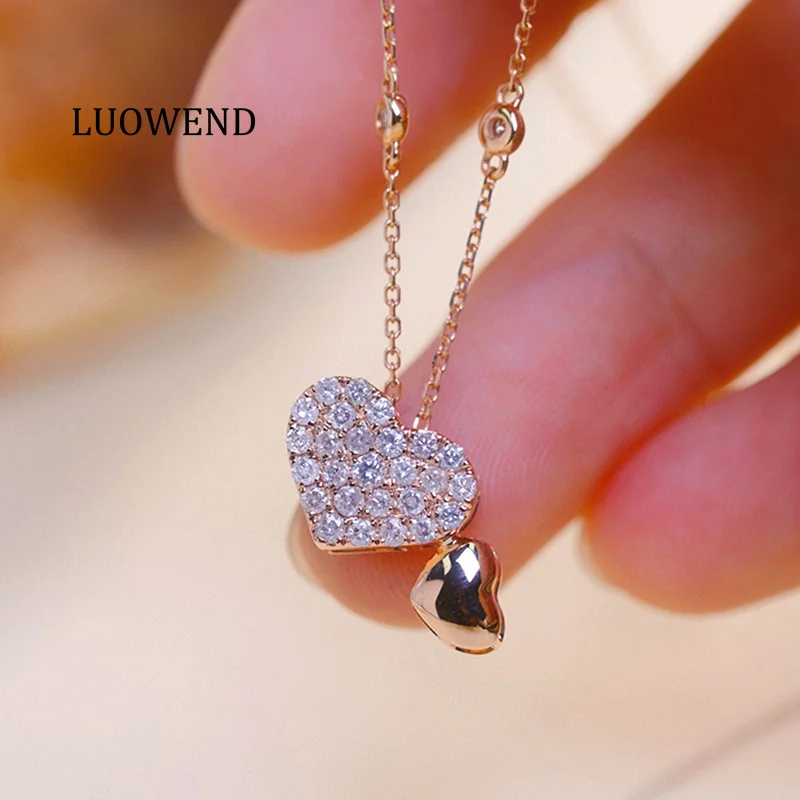 LUOWEND 100% 18K Rose Gold Necklace Romantic Heart Shape 0.33carat Real Natural Diamond Pendant Necklace for Women Birthday Gift