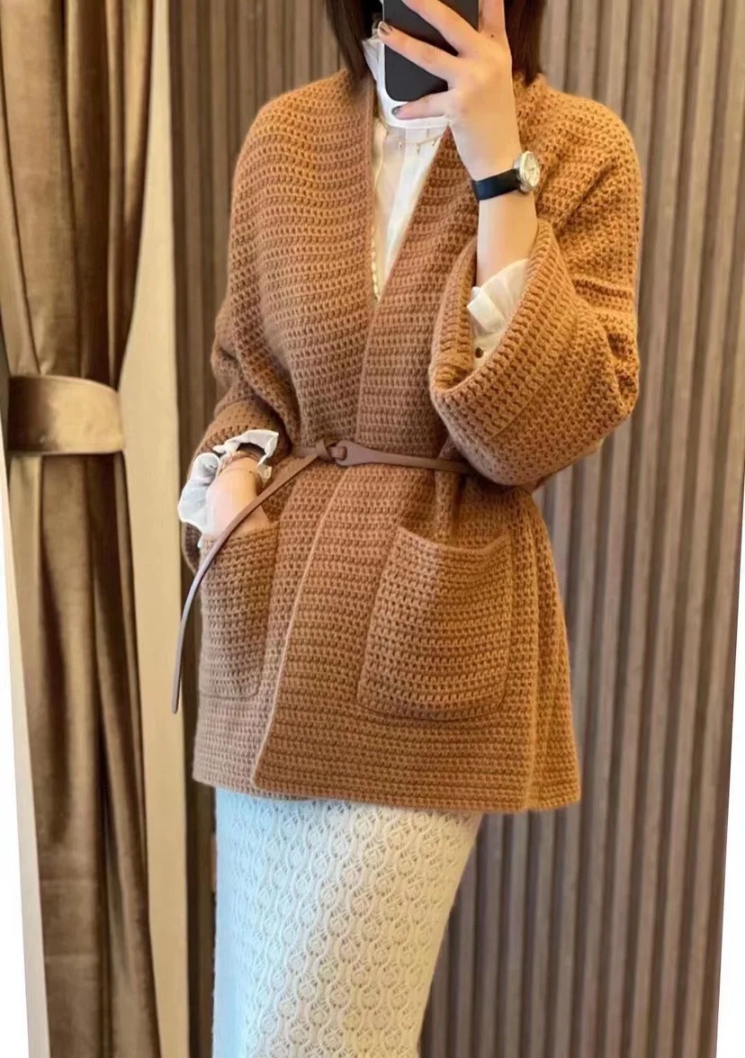 Ladies V-neck thick knitted pure wool cardigan padded warm winter new women's solid color loose coat with pocket 23