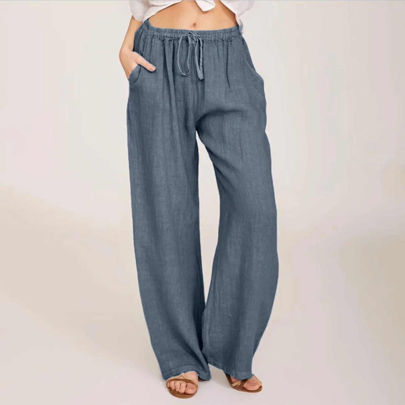 

Women‘s Casual Solid Color Long Trouser Fashion Elastic Waist Pocket Long Pants For Women Soft Drawstring Wide Leg Long Pants