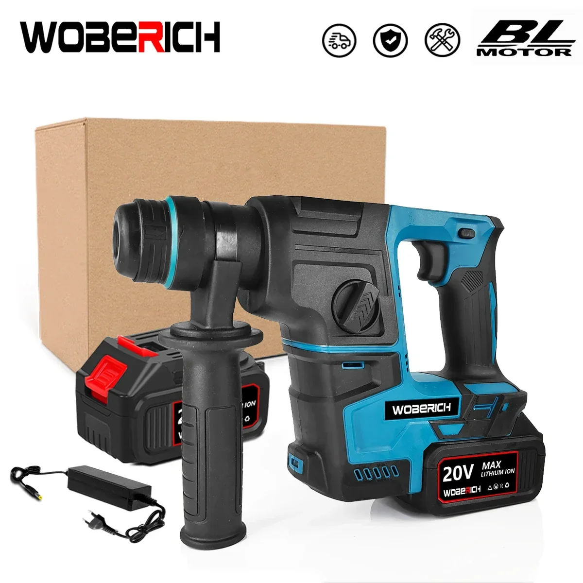 

WOBERICH Brushless Electric Hammer Drill Multifunctional Rotary Cordless Rechargeable Power Tools For Makita 18V Battery