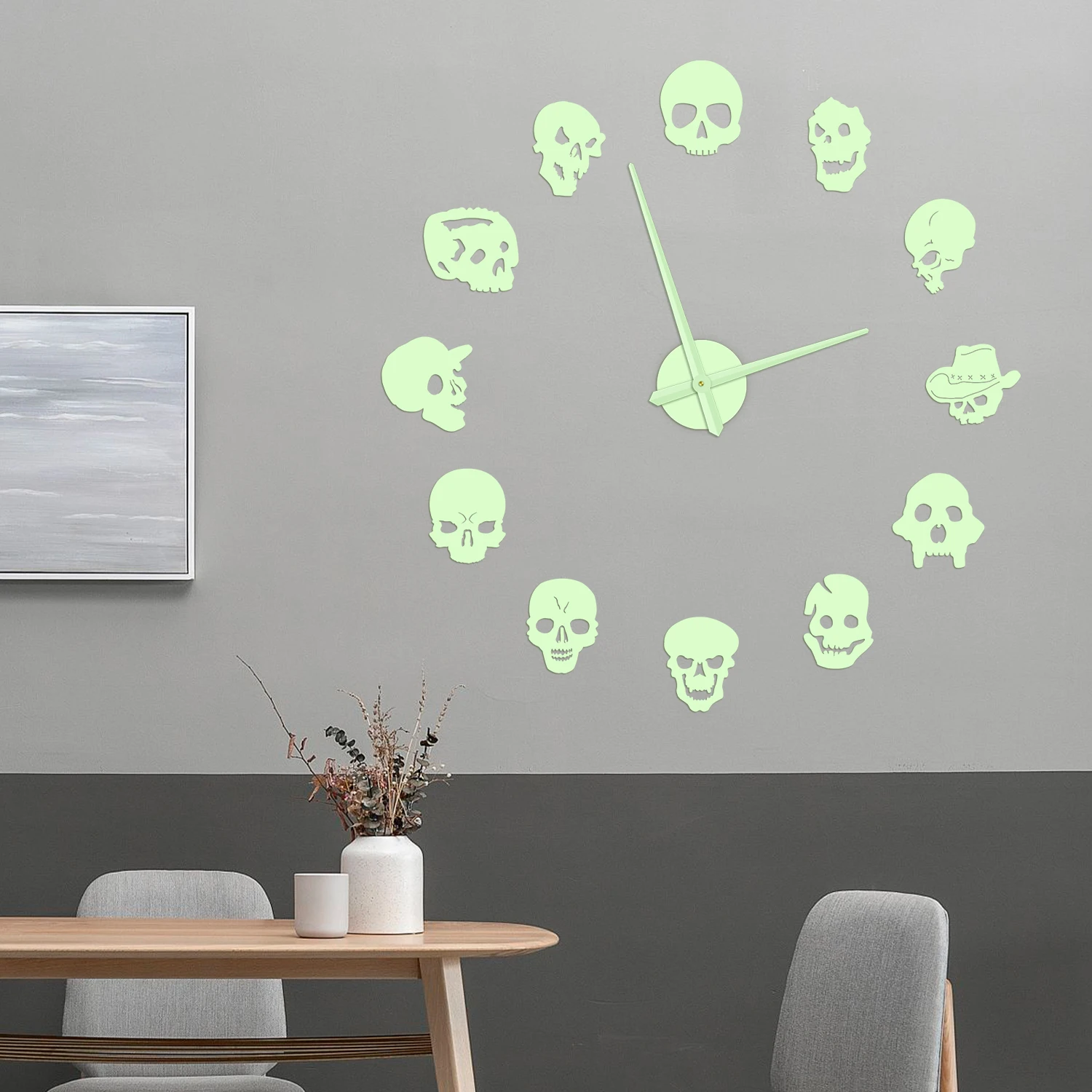 Skull Skeleton Head DIY Wall Clock Glow in Dark Macabre Home Decor Gothic Bikers Skull Luminous Sticker Night Visible Wall Clock