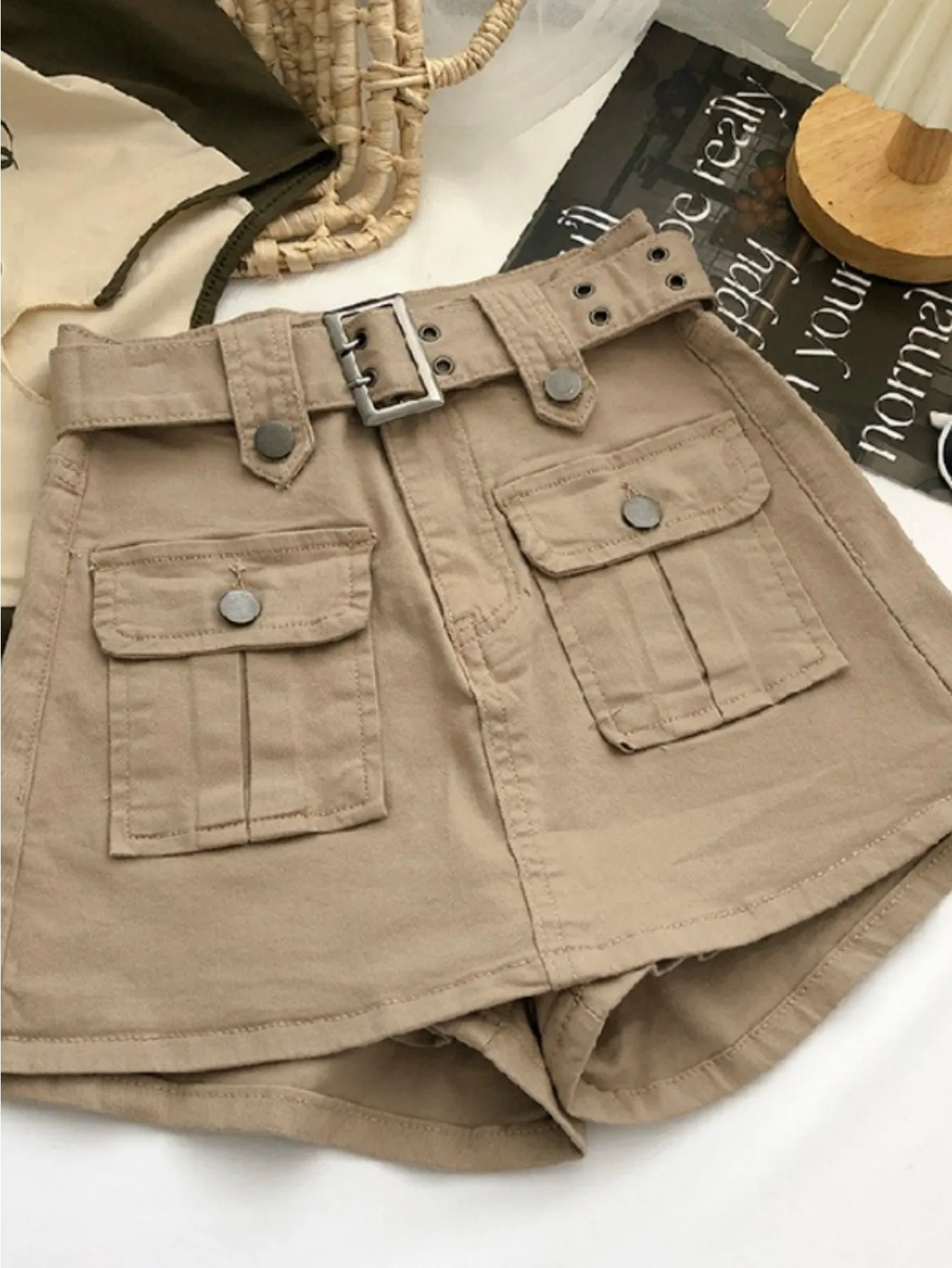 Women'S High-Waisted Cargo Skort, Built-In Lining Shorts, Trendy Street Style Mini Skirt with Belt