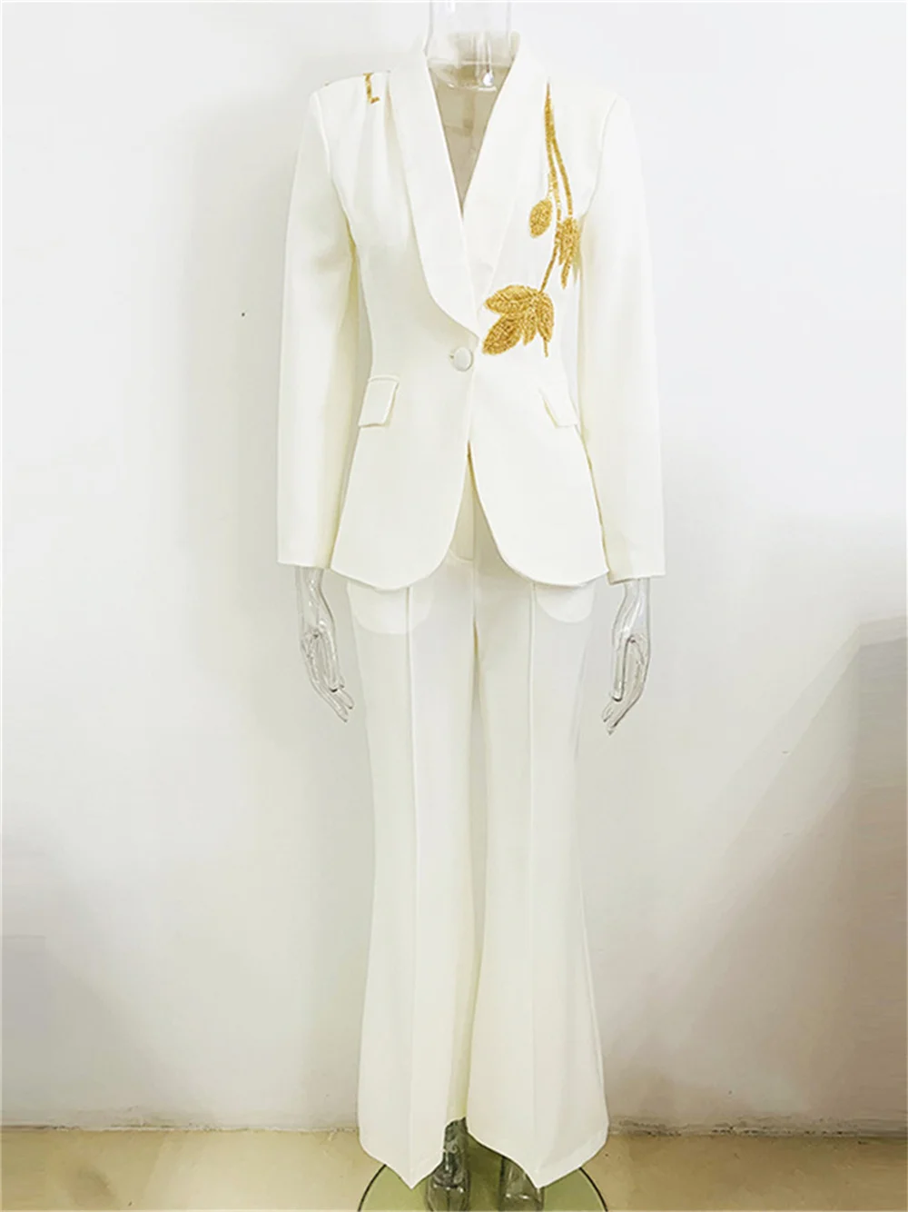 Women\'s Heavy Industry Beading Suit, Elegant One Button, Classic Suit, Flare Pants, Spring, Summer, New, 2Pcs Customized