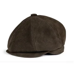 Men's Real Leather Warm Octagonal Cap, Casual Vintage Cap Golf Driving Flat Cabbie Hat, Winter Male Artist Gatsby Cap