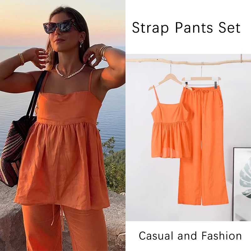 

Ruffled Hem Tank Top Pants Sets Women Elegant Sleeveless Backless Loose Strap Vest Wide Leg Trousers Suits 2 Pieces Lady Holiday