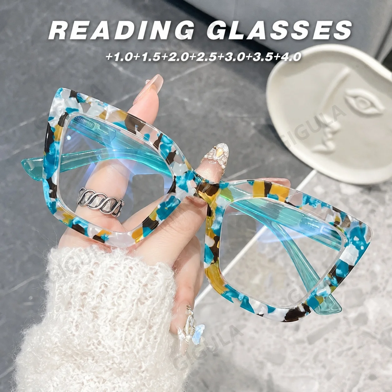Modische Blumenmuster-Cateye-Lesebrille für Damen, für Home Office & Handy-Nutzung, Gesichtsformende Trendige Lesebrille