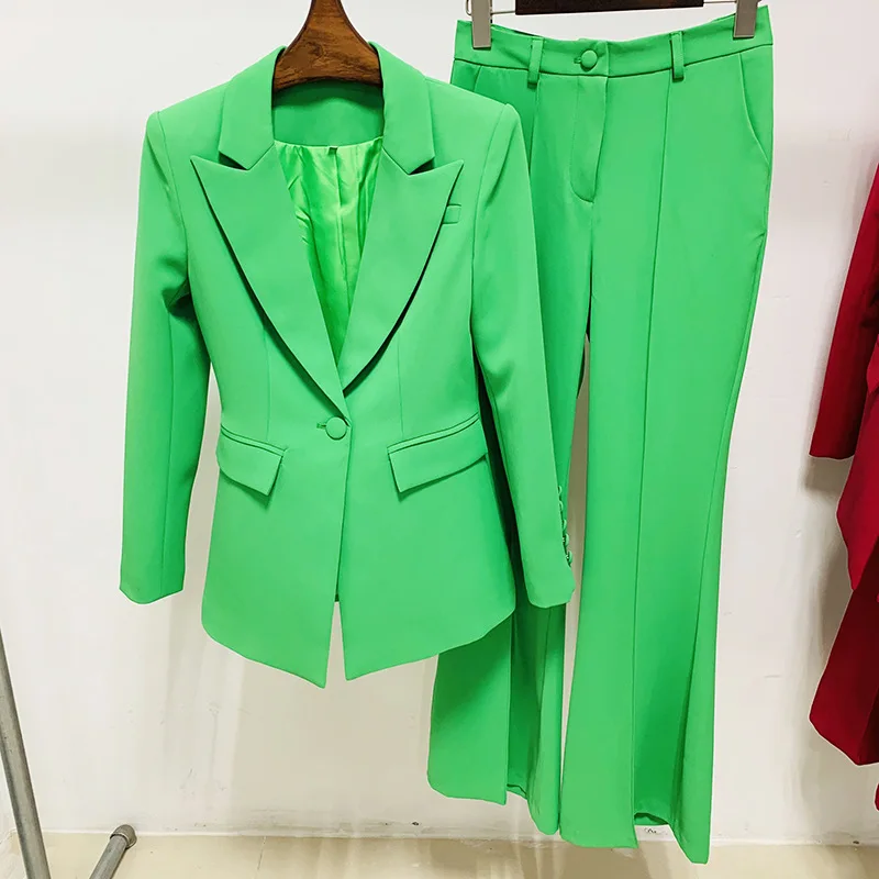 

Pants Blazer Suit Two Piece Set Light Pink Women Office Business Single Buttons Flared Pants Blazer Formal Suit High Quality