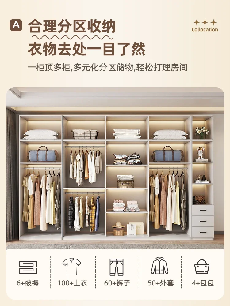 Light luxury glass door solid wood wardrobe home bedroom modern simple cloakroom combination three four five six eight wardrobe