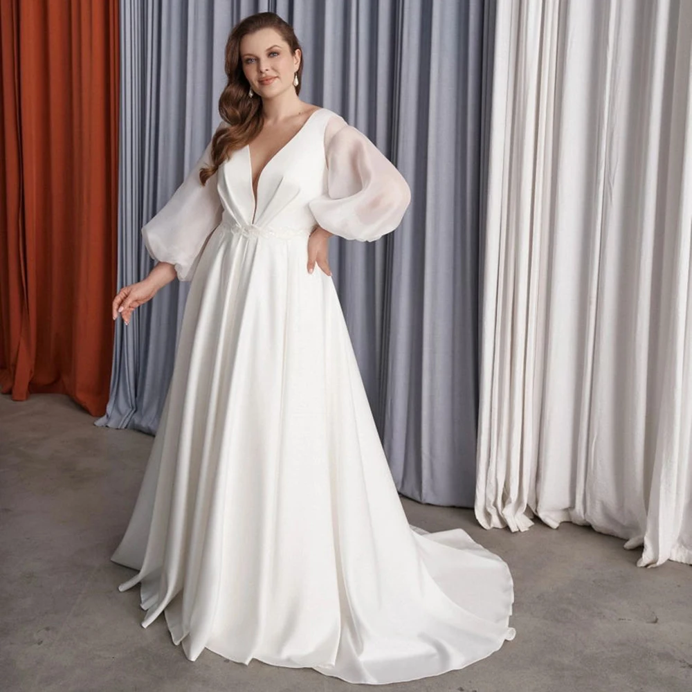 

Simple Deep V-neck Plus Size Wedding Dresses Beaded A-line 3/4 Long Sleeve Bridal Gown Sweep Train Robe de Mariee