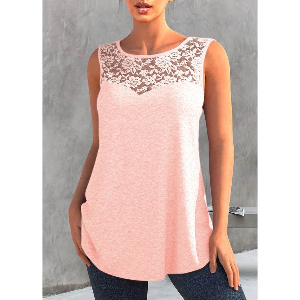 Plus Size Pink Solid Lace Stitching Keyhole Back Sleeveless Tank Top