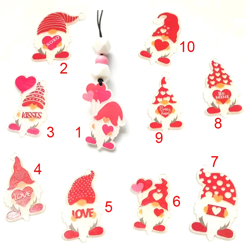 New Valentine's Day Gnomes Glitter Valentines Love Heart Kisses Pendant Keychain Beads Lanyard with Clips