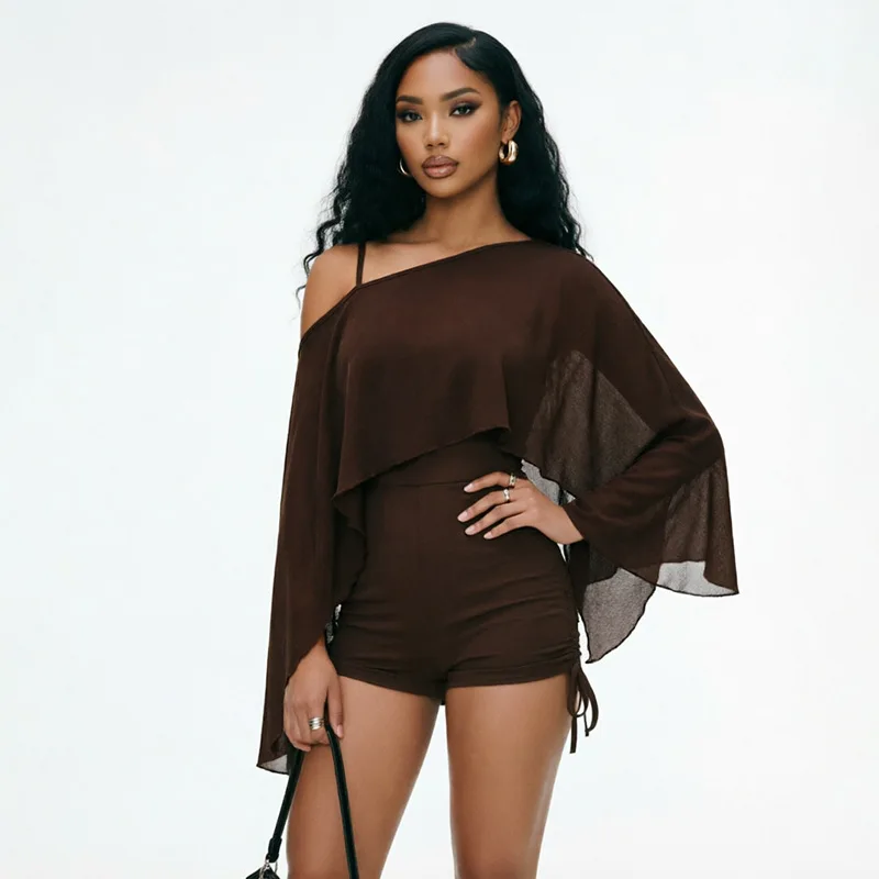 STYLISH LADY Solid 2 Piece Set Women Mesh Flowy Cape Cover Up Spaghetti Strap Side Drawstring Romper Outfit Fall Sexy Clubwear