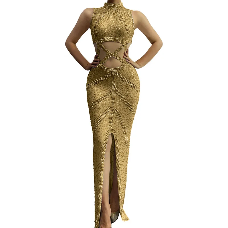 Sexy Hollow Skirt Split Design Party Host Sleeveless Long Dress Robe De Soiree Elegante Pour Femme Crystal Embellished Dresses
