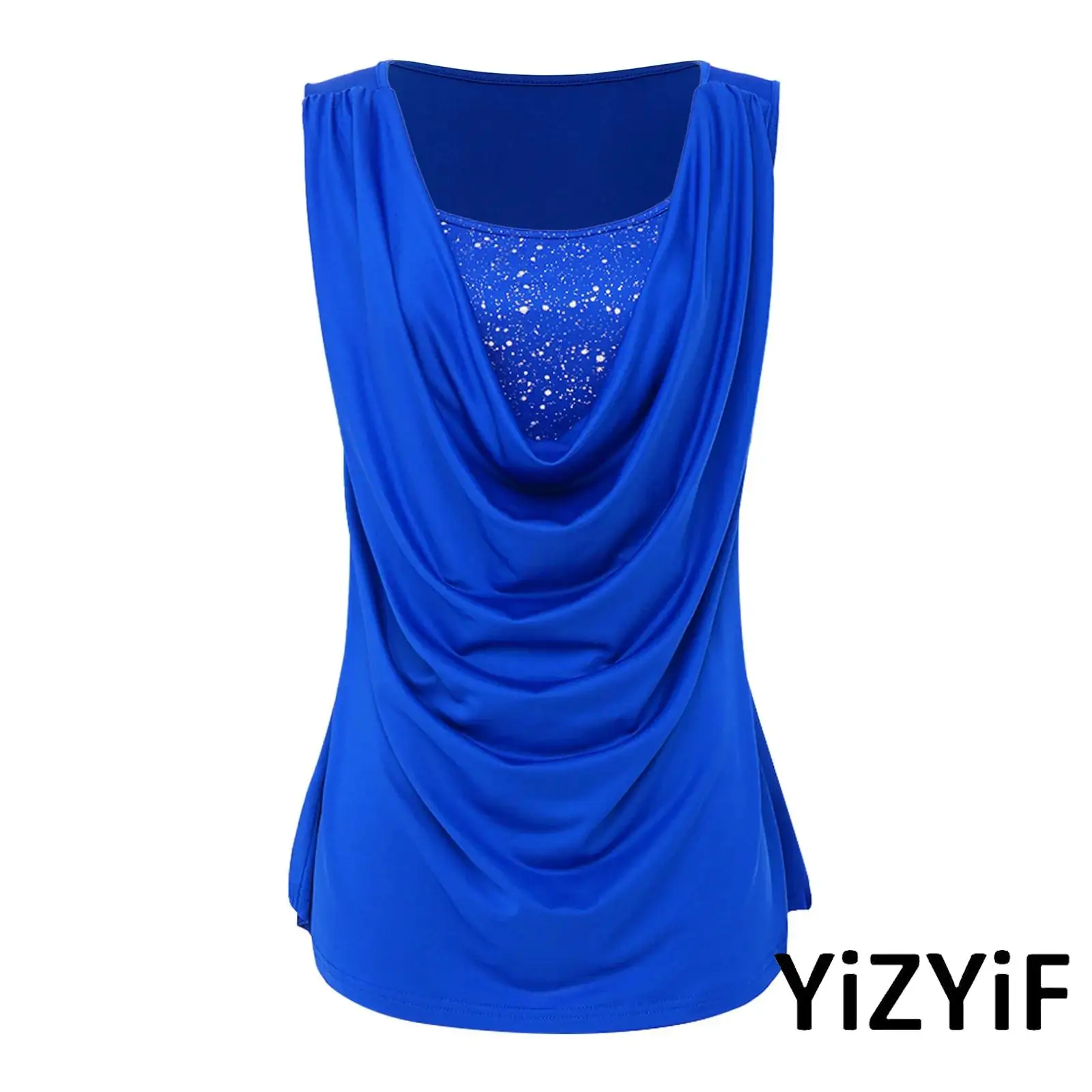 Womens Office Party Blouse Top Metallic Shiny Cowl Neck Sleeveless Printed Ruched Draped Stretchy Tank Vest Top Fashion Shirt