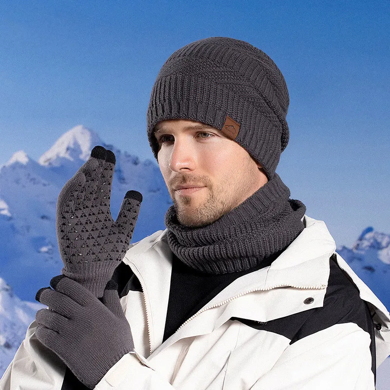 Men's windproof hat, outdoor travel, casual winter scarf, gloves, three piece collar, one piece cashmere warm winter knitted hat