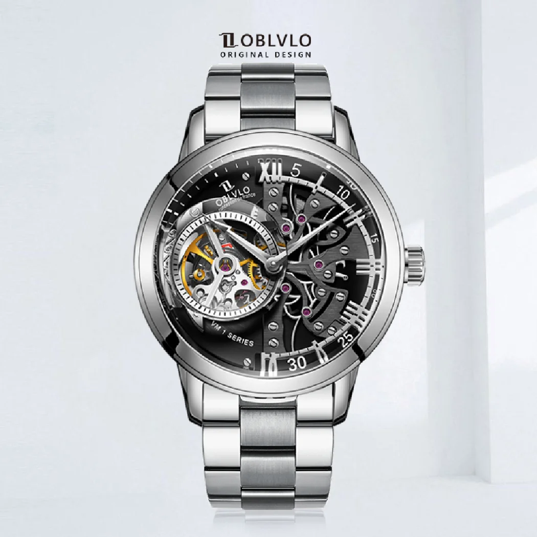 مستطيل الرجعية الرجال عادية الهيكل العظمي التلقائي الساعات الميكانيكية الفولاذ المقاوم للصدأ حزام المعدنية كريستال زجاج مقاوم للماء على مدار الساعة VM