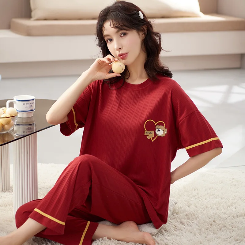New Sleepwear Cartoon Cotton Pajamas for Women Long Pants Short Sleeved Summer Spring Loungewear Fashion Home Clothing Homewear