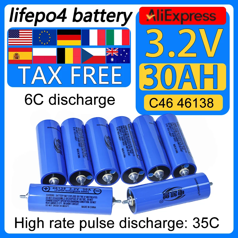 

1-16pcs 3.2V 30Ah Grade A LiFePO4 battery C46 46138 phosphate Cell for 12V 24V 48V Motorcycle Car motor batteries Modification