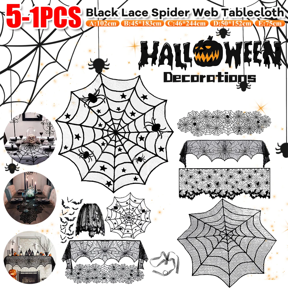 

5-1Pcs Halloween Decorations Black Lace Spider Web Tablecloth Table Room Mantel Scarf For Halloween Party Home Decor Supplies