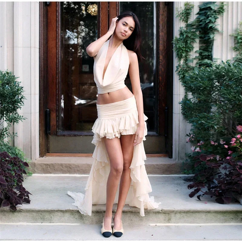 

Ruffle Skirt Top Women's Set Sexy Backless Sleeveless Halter Crop Top High Waist Straight Skirt Suit 2025 Summer Lady Beach Sets