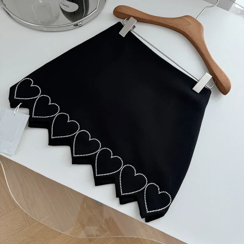 Women Black Flash Diamond Love Lace Skirt Fashion Sweet Basic Party Sexy Royal Sister Slim Bag Hip Skirt Female