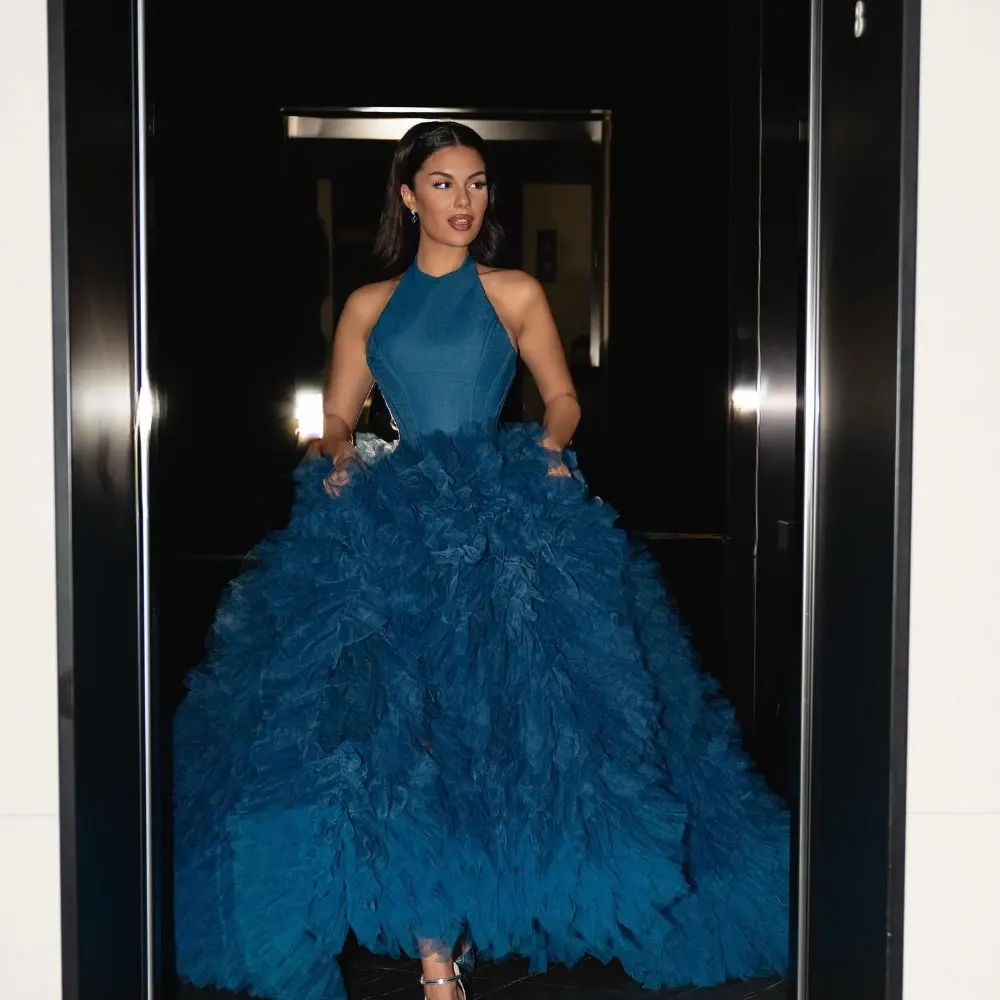 

Сапфирово-синяя плиссированная макси-юбка трапециевидной формы с высокой талией – элегантный низ вечернего платья, летняя праздничная одежда, пышные тюлевые юбки с оборками