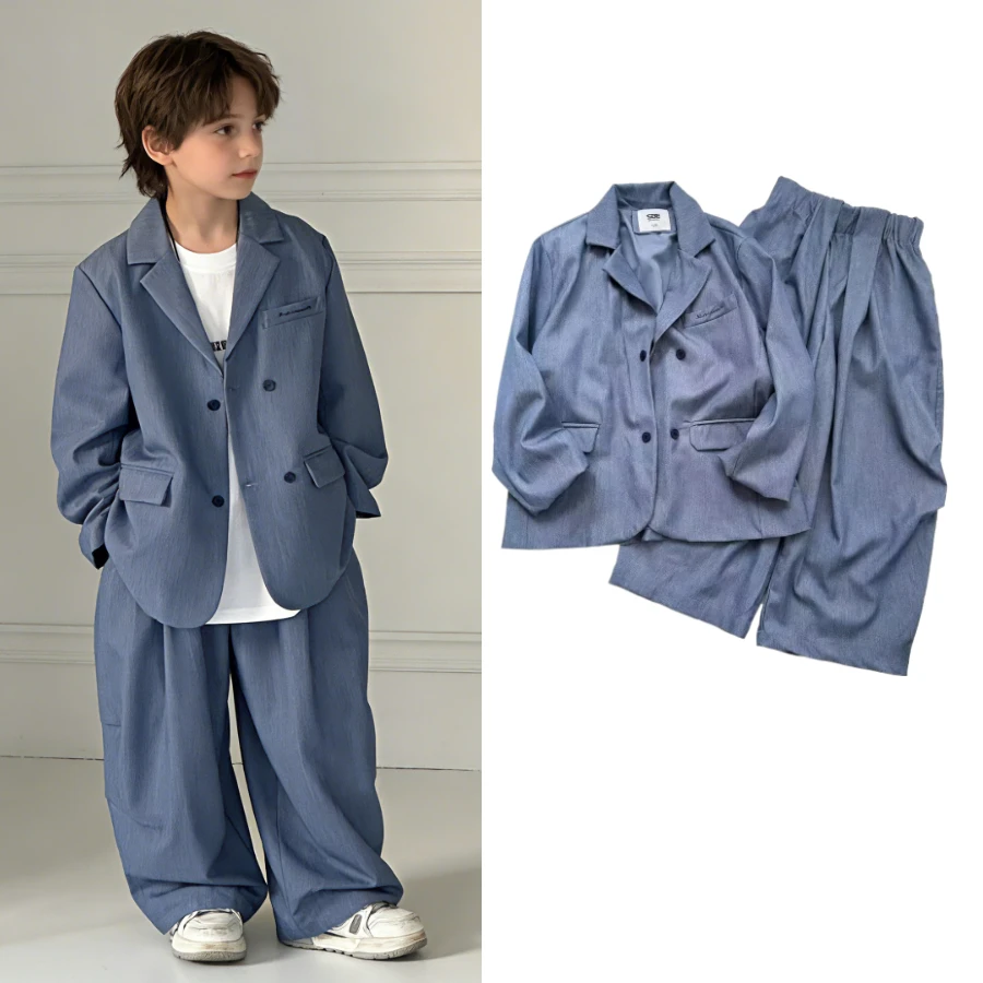 

Trendy Boys Blue Blazer Suit Set Kids Korean Style Embroidered Formal Outfit School Child Casual Daily/Party/Wedding Wear 3-10Y