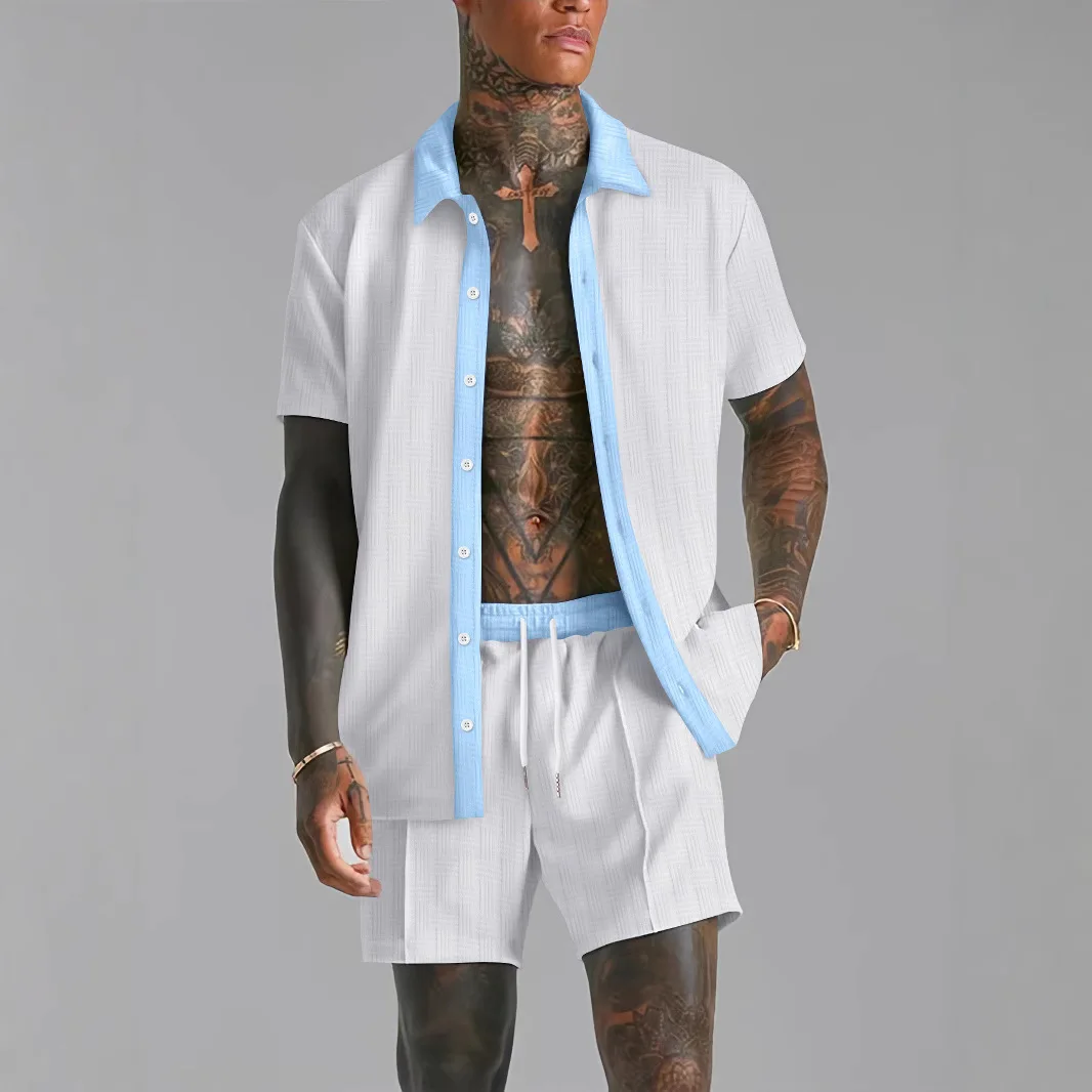 

2pcs Summer Men's Casual Fashion Set Splicing Transparent Collar Vacation Short sleeved Shirt and Shorts