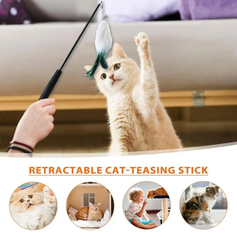 Cat Teaser Wand Teaser Wand Cat Teaser Toy Interactive Cat Toy With Bell Anti-Slip Cat Feather Toy Retractable Elastic Kitten