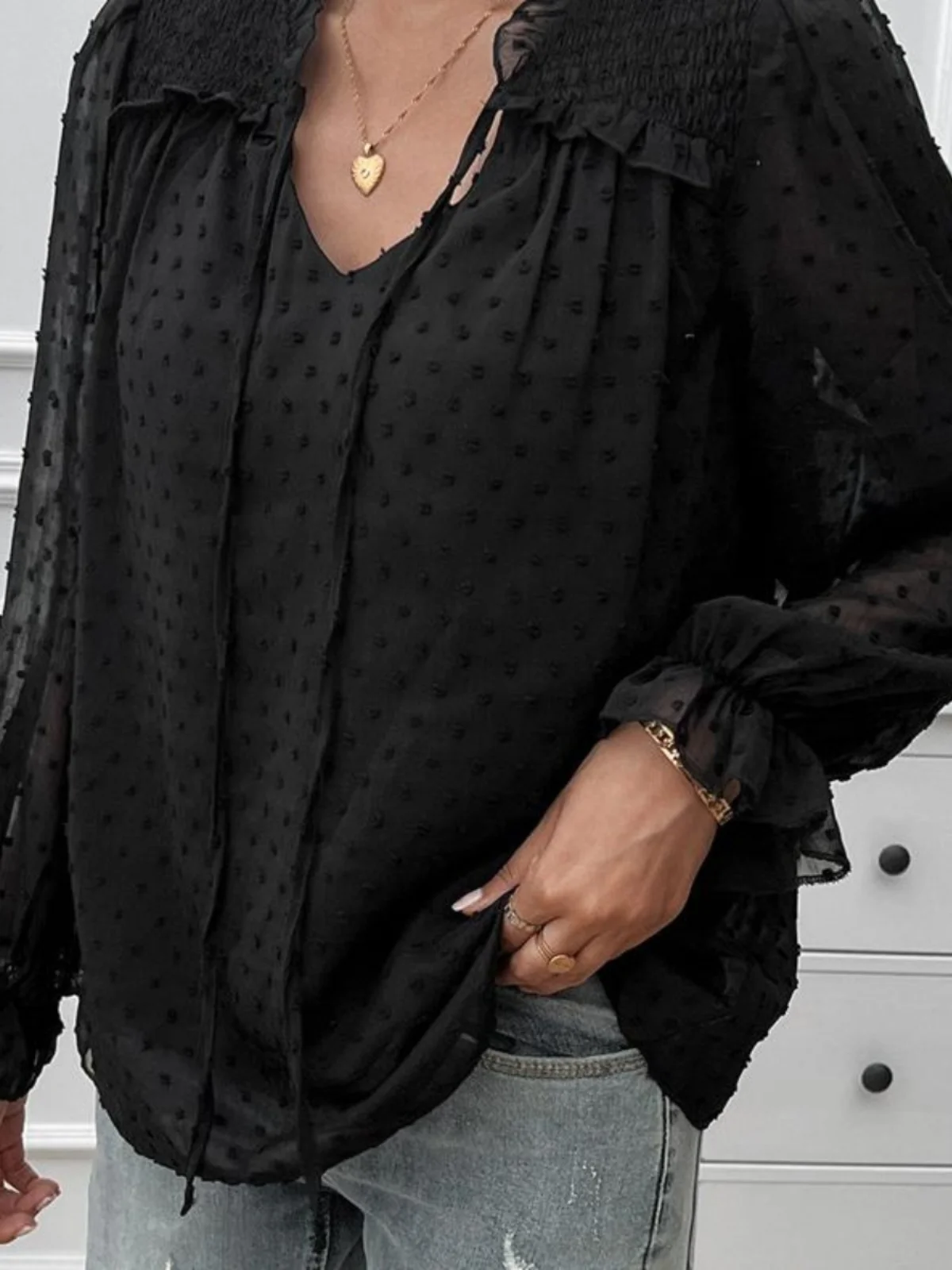 

Ele V-ne Jacquard Long Sve irt Women's Casual Sle Straight Cut Printed Polyester Fiber 00%