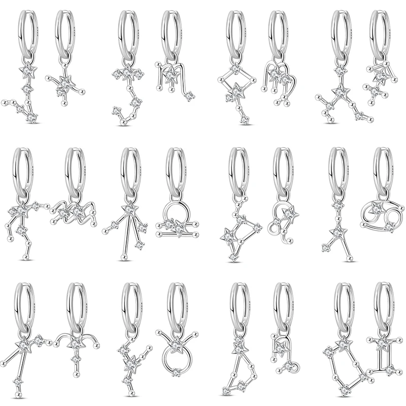 

New 925 Sterling Silver Hoop Earrings Twelve Constellation Pendant Hoop Earrings For Women Fashion Birthday Jewelry Gift