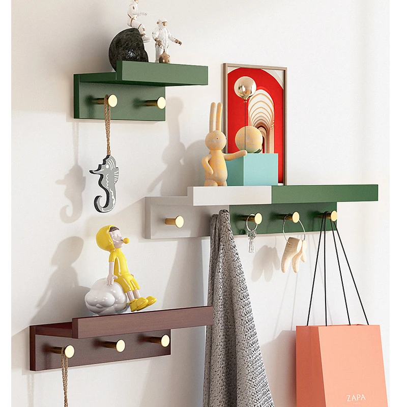 Multifunctional Bedroom Hallway Decorative Shelf Bamboo Wall Rack Clothes Storage Rack Hook Towel Coat Hanger Key Chain Shelf