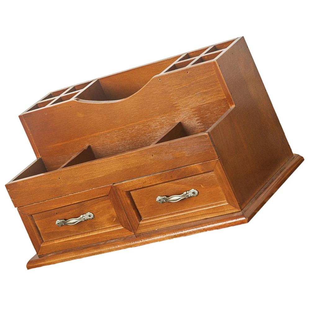 Solid Wood Storage Rack 2 grid Drawer Vintage Multi layer Jewelry ganizer Desktop Container Shallow Brown