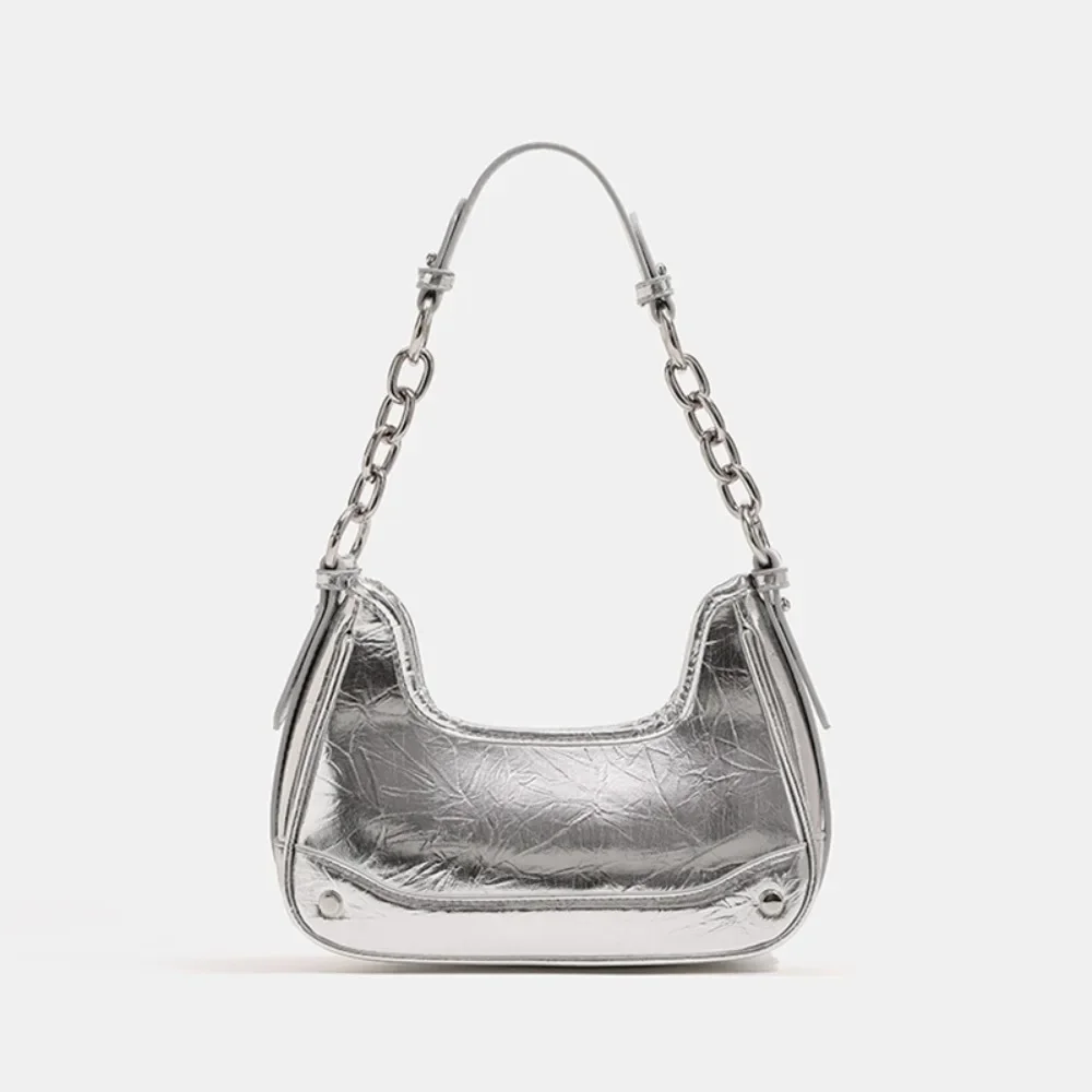 Bright Silver Sweet Cool Hottie Underarm Women's Bag Chain Handbag Niche High-end One-shoulder Cross-body Commuting Portable Bag