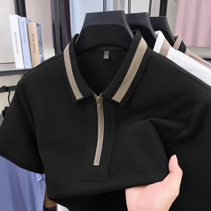 

Мужская рубашка поло из 100% хлопка с коротким рукавом и полумолнией с лацканами в полоску, дышащая летняя деловая футболка в повседневном стиле, мужская одежда