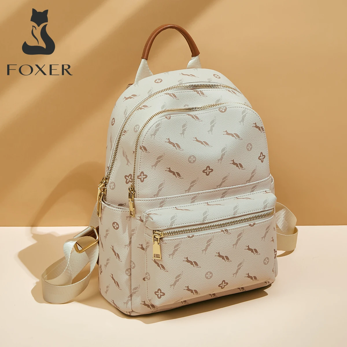 FOXER Women\'s Backpack Signature PVC Printing Fashion Travel Shoulder Bag Ladies Travel Rucksack Female Casual Monogram Backpack