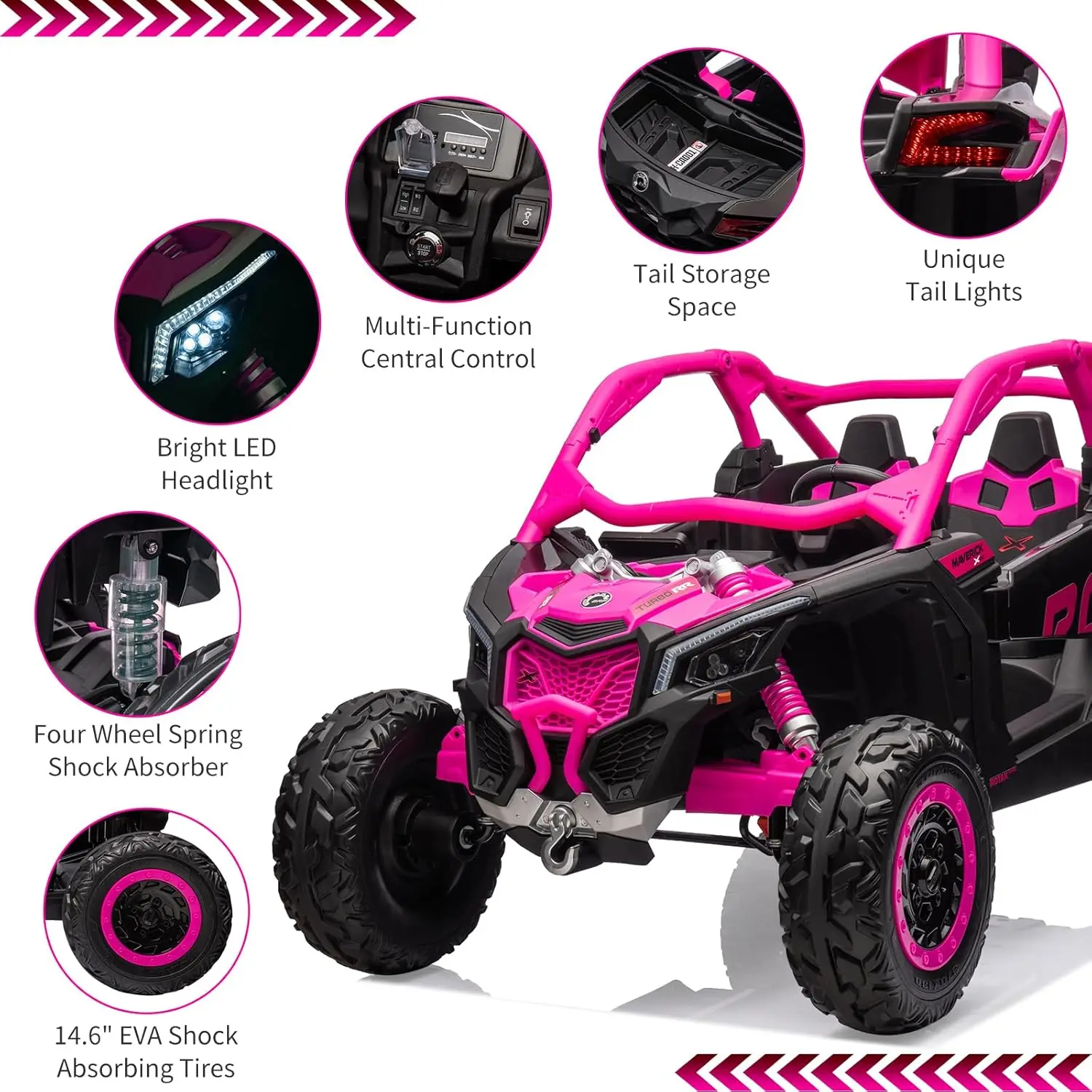 Samochód dla dzieci z możliwością jazdy dla 2 osób, pojazd UTV 24V z 4 silnikami o mocy 200W i dwoma akumulatorami, maksymalne obciążenie 59 kg, wyposażony w światła LED i odtwarzacz muzyki.