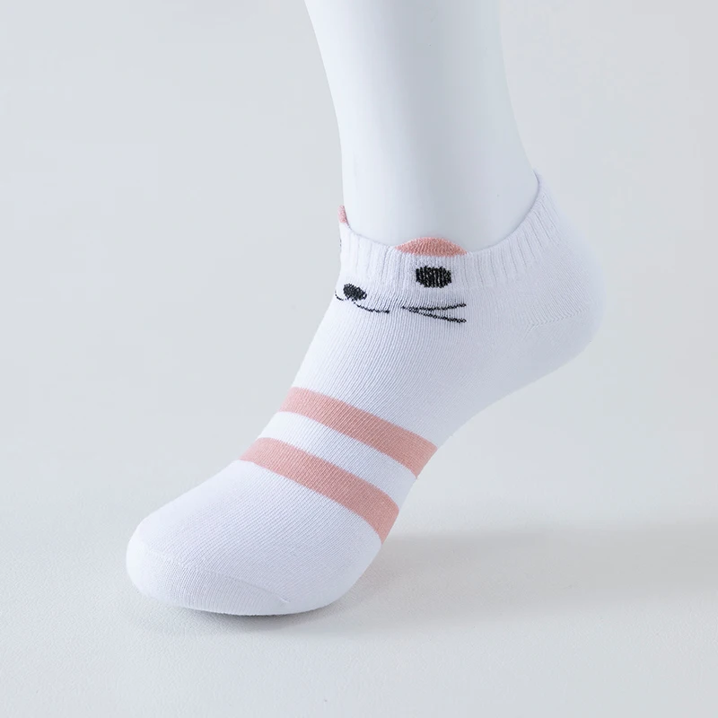 5 Pairs of WOMEN\'S Short Socks, Pink Cat Thin, Cute Seasonal Boat Socks, Slow Top, Young and Fashionable Ankle Socks