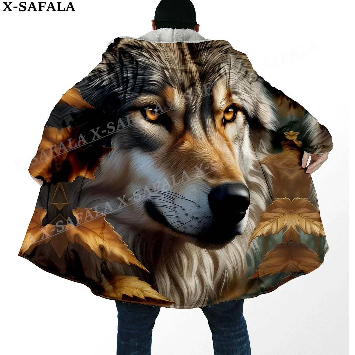 Elegant Wolf Spirit Totems Arts Thick Warm Hooded Cloak Men Overcoat Coat Windproof Fleece Cape Robe Hooded Blanket-10