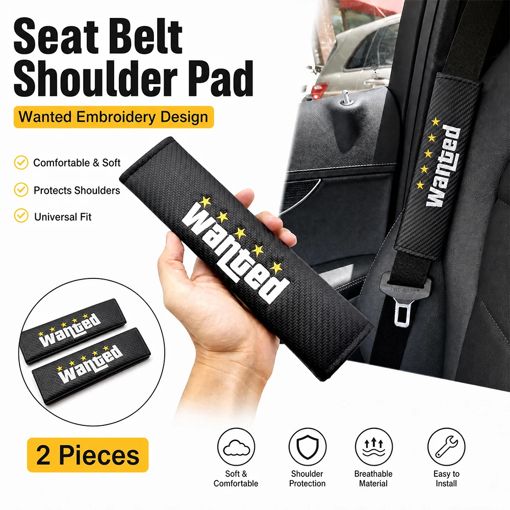 1 pair/ 2pcs Carbon Fiber Patten Seat Belt Covers Leather Car Shoulder Pad for Five Stars WANTED JDM Fans for Adults Youth Kids