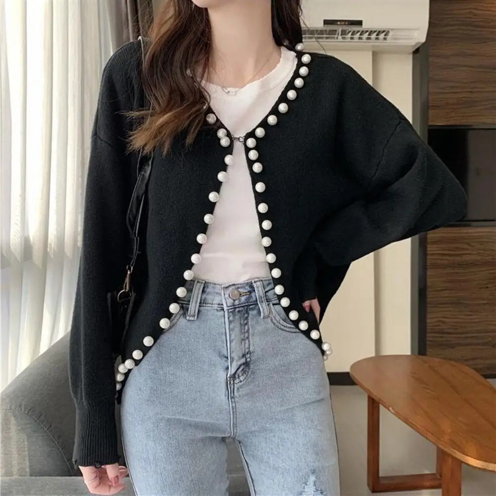 

Women Knit Cardigan Elegant Faux Pearls Trim Knitted Cardigan Coat for Women Stylish Open Front Sweater with Crew Collar Long