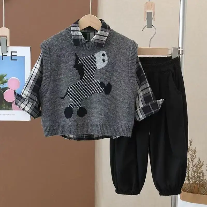 

2026 New Boys' Autumn Clothes Set New Handsome Children's Sweater Vest Shirt Pants Three piece Set Kids Outfit 90-140cm