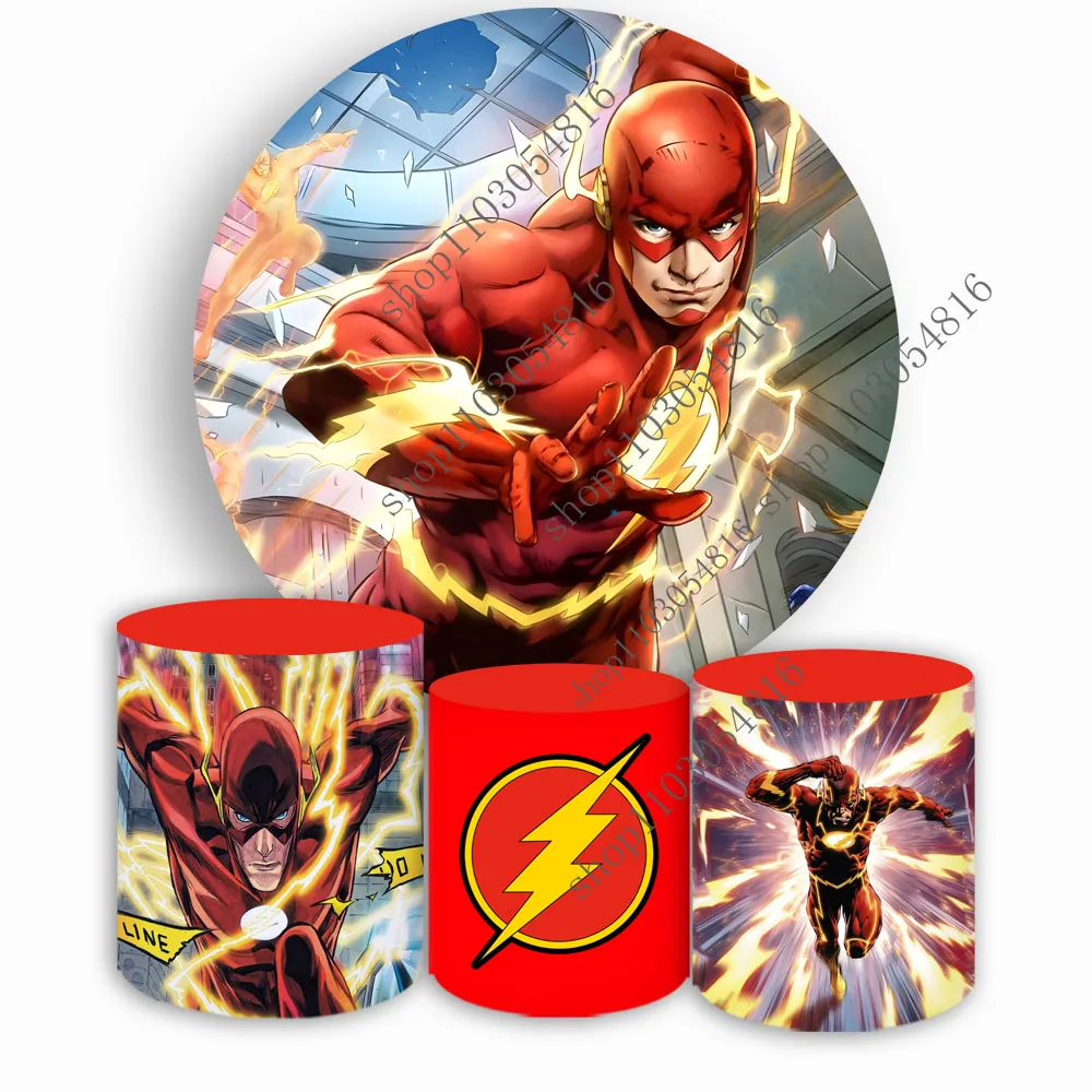 DC The Flash Round Photography Backdrop For Boys Superhero Birthday Party Circle Photo Background Booth Plinth Covers Polyester