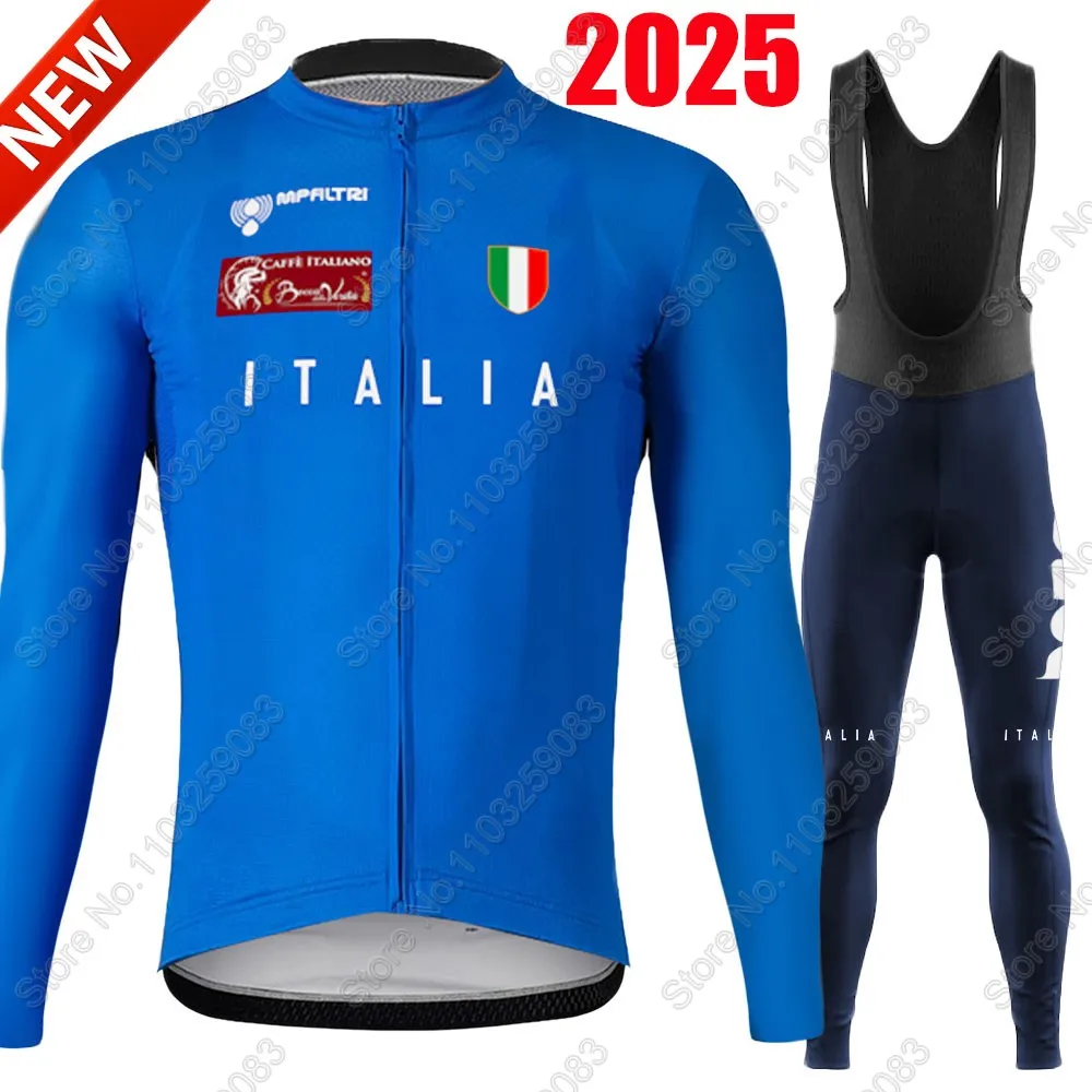 Maglia da ciclismo della squadra nazionale italiana 2025 Set blu italiano manica lunga abbigliamento estivo pantaloni da strada tuta da bici con bretelle MTB Maillot Ropa