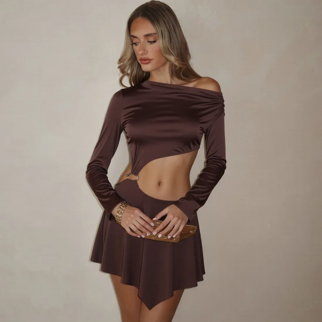 Leosoxs Women's Asymmetrical Neck Long Sleeve Short A-Line Dress with Tassel Detail Perfect Fall Outfit