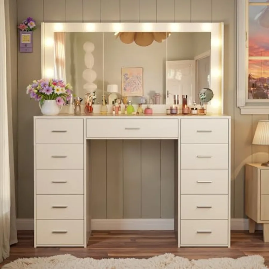 Large Vanity Desk with Mirror and Lights 43.3 Makeup Vanity Desk with Lights 3 Color Hollywood Bulbs White Vanity with 11 Fabri