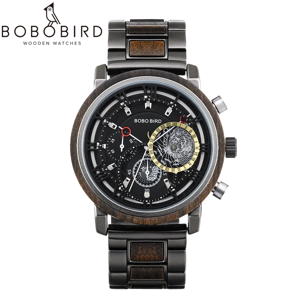 

Мужские часы BOBO BIRD, индивидуальная задняя крышка, текст, деревянные наручные часы, полый дизайн, японский механизм, двойной секундомер, дропшиппинг