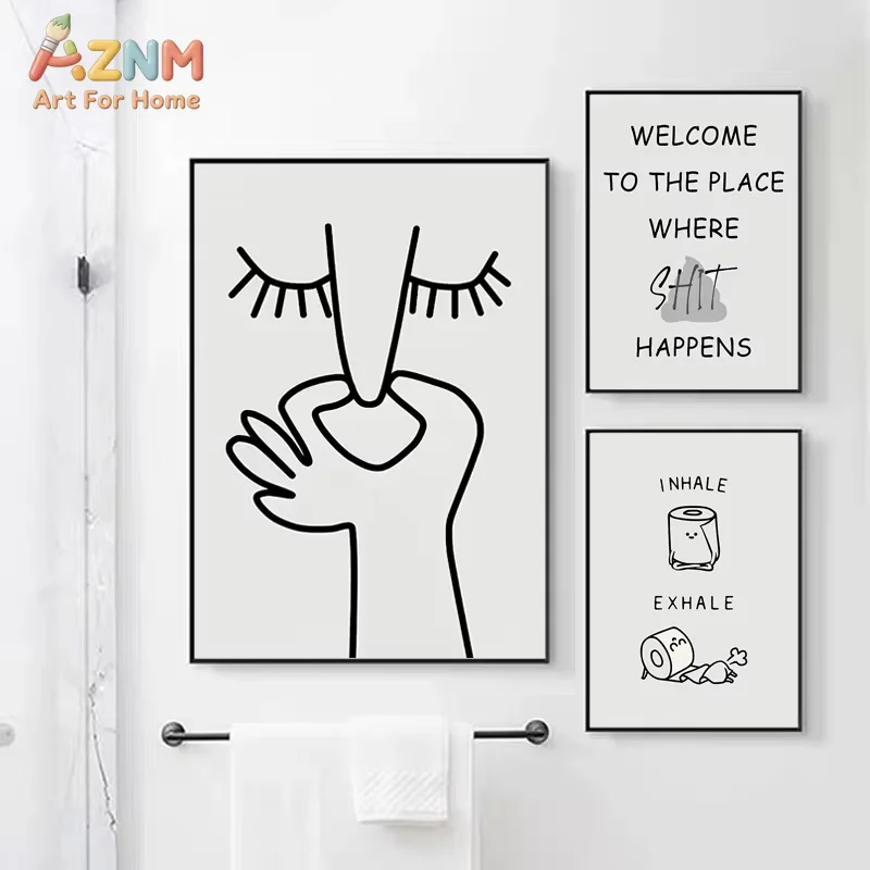 AZNM Abstract Face Line Art Canvas Wall Art Print, Minimalist Black White Shhh Gesture Poster, Modern Bathroom Home Decor