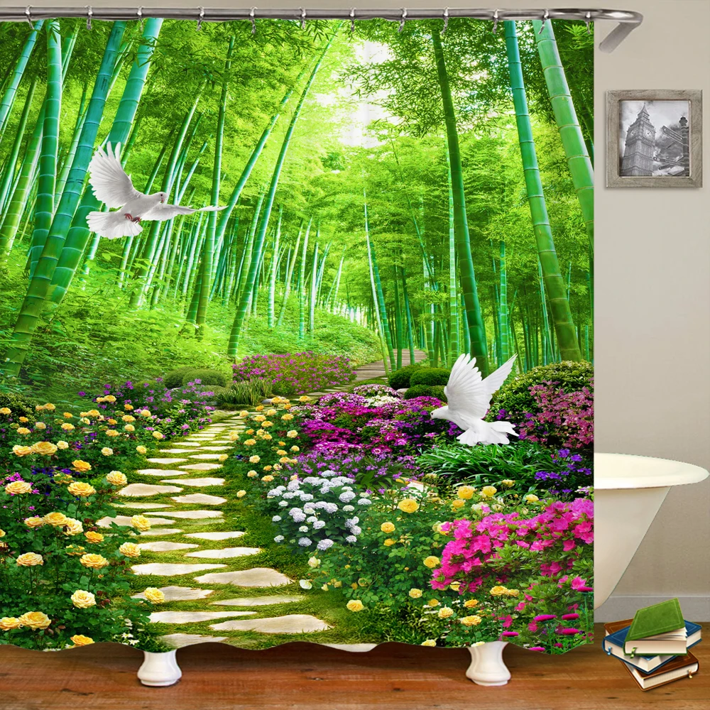 

3D Natural Bamboo Forest scenery Printing Shower Curtain Bathroom Curtains Waterproof Polyester Home Decorate Curtain With Hook
