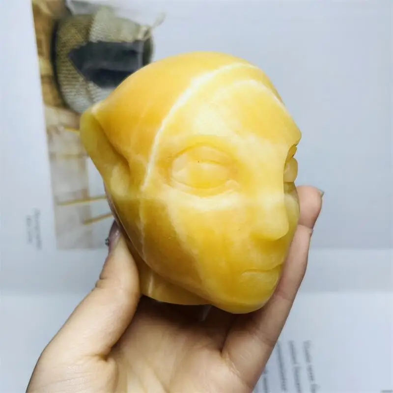 

Natural Yellow Calcite Alien Skull Carving Statue Reiki Healing Fengshui Crafts Home Office Decoration Gifts 1PCS